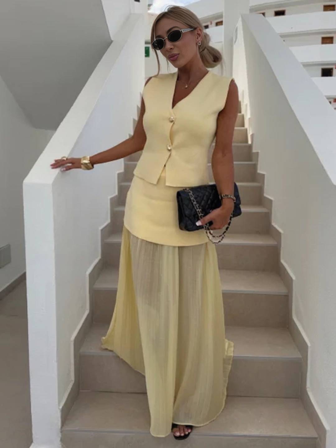 tenu ensembles tailleur v-cou sans manches gilet et jupe tulle fluide décontracté chic pour vacances deux pièces