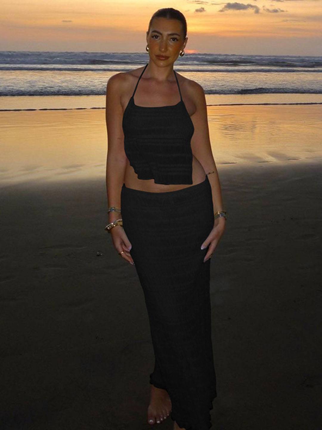 tenue ensemble avec longue jupe mousseline dos nu licou sans manches débardeur robe femme bohème décontracté deux pièces