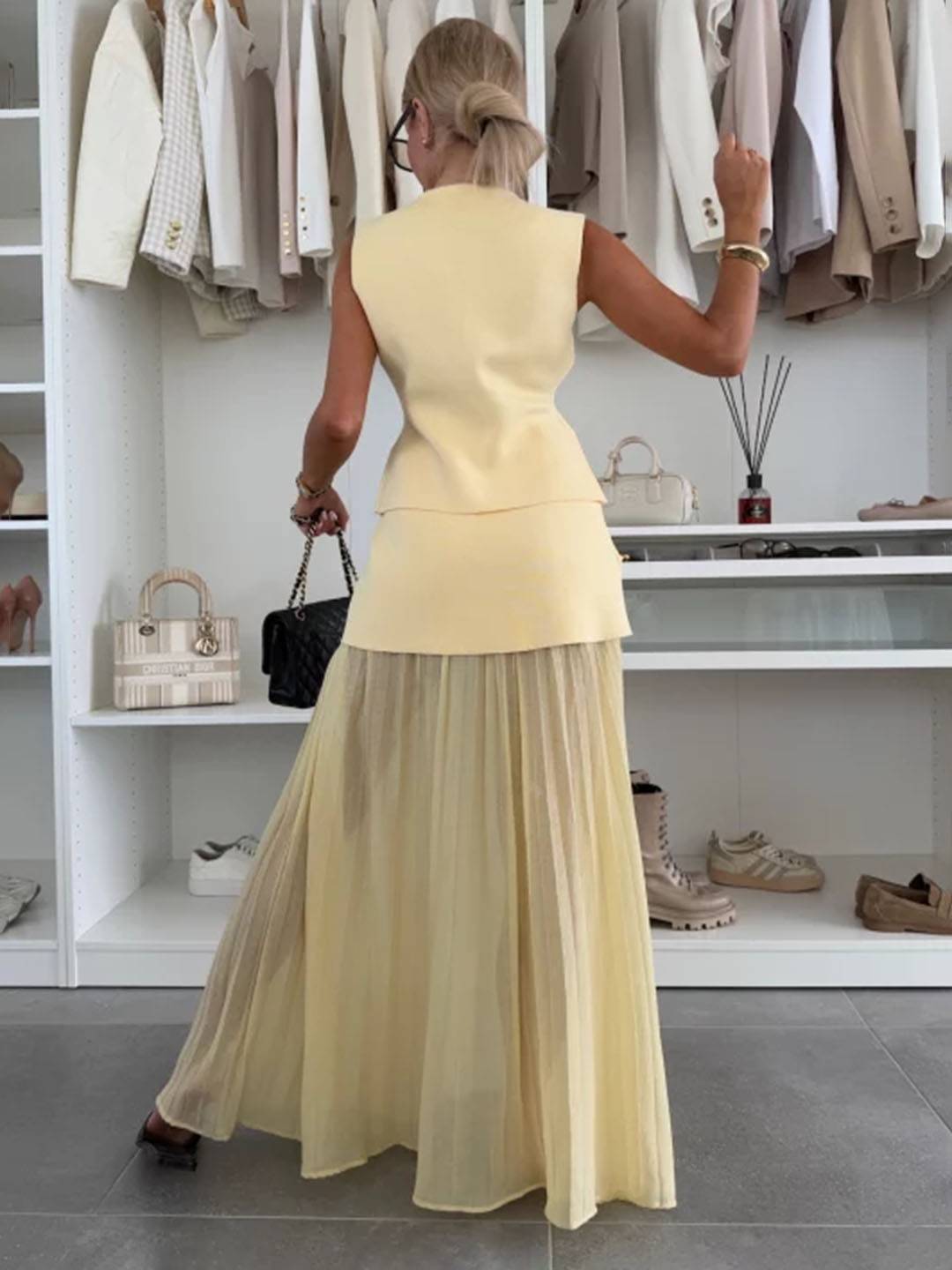 tenu ensembles tailleur v-cou sans manches gilet et jupe tulle fluide décontracté chic pour vacances deux pièces