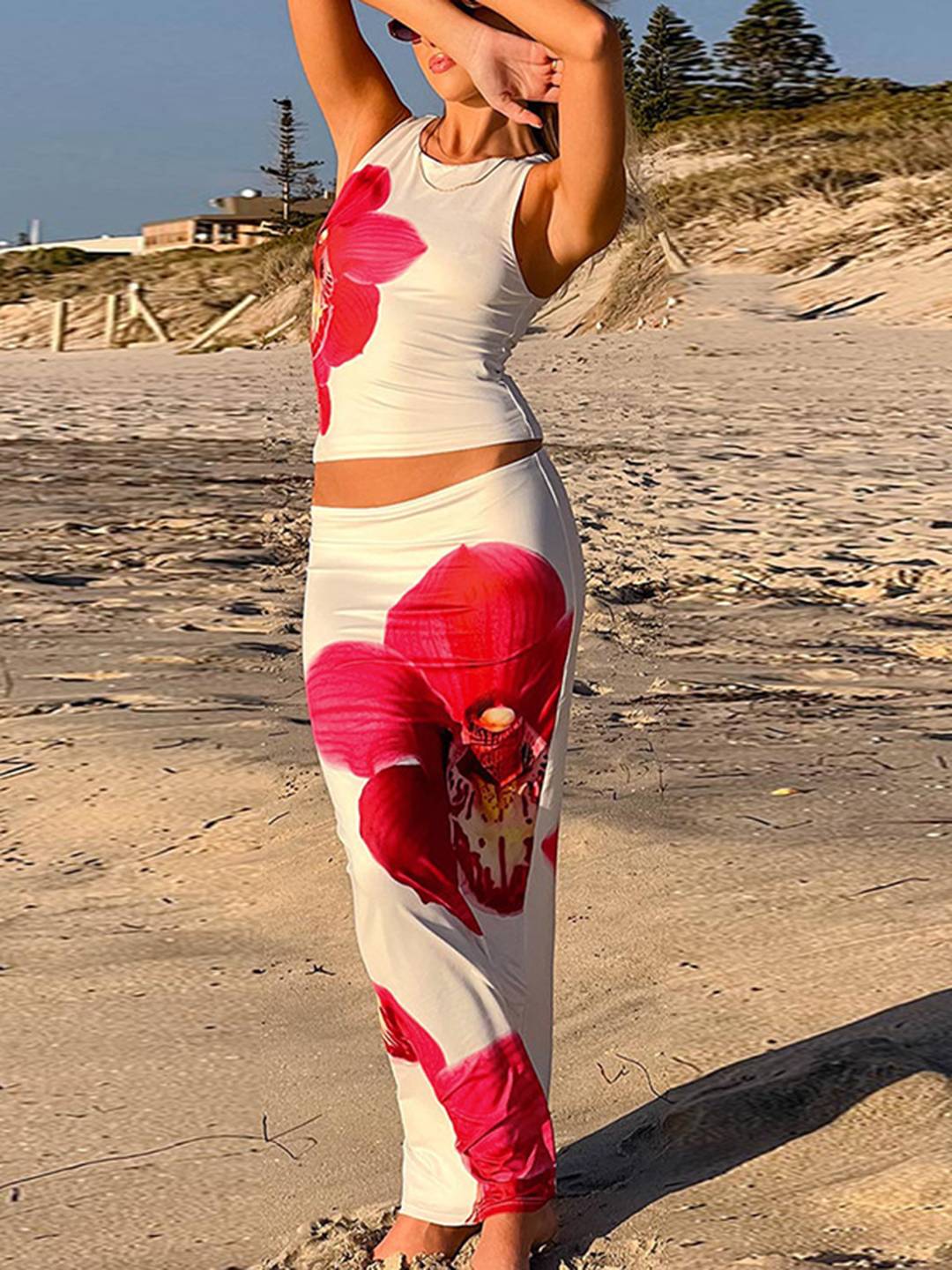 ensemble robe d'été fleurie cropped col rond sans manches top et longue jupe femme décontracté vintage de plage