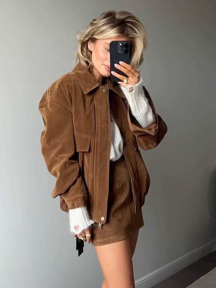 ensemble pour femme daim col revers poches veste courte jupe élégant décontracté deux pièces vêtements