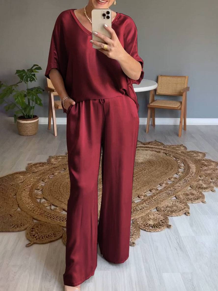 ensembles avec pantalon v-cou poches manches chauve souris manches courtes femme élégant décontracté ample deux pièces