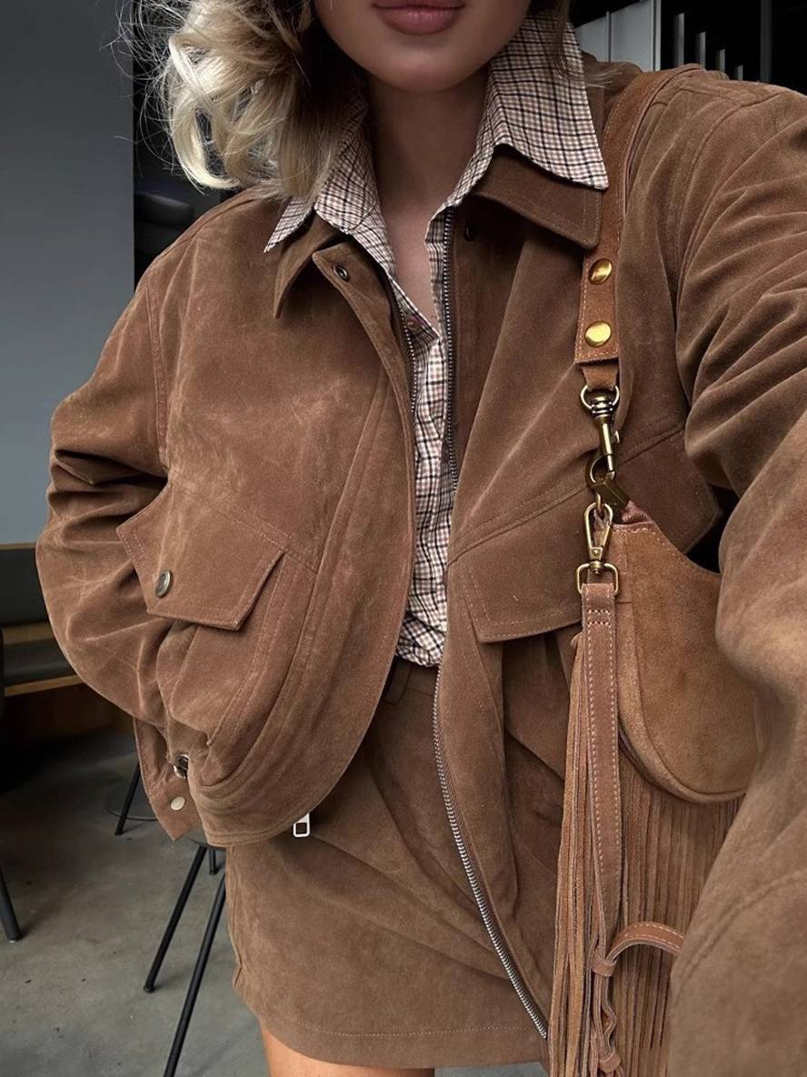 ensemble pour femme daim col revers poches veste courte jupe élégant décontracté deux pièces vêtements