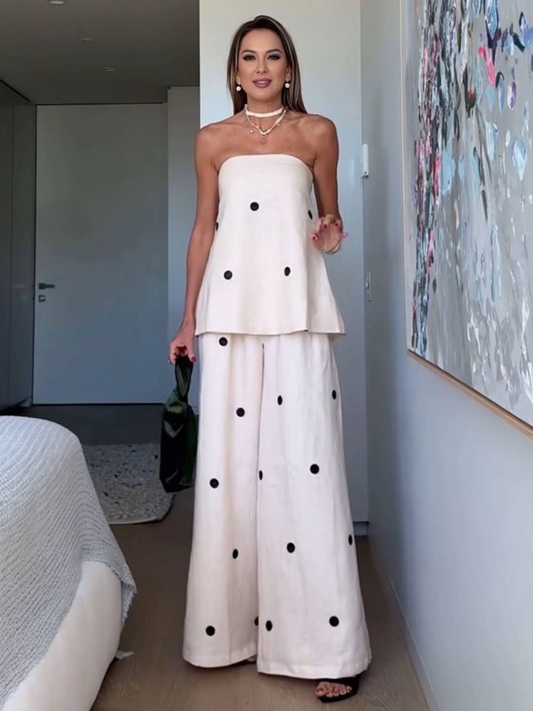 2 pièces ensembles avec pantalon larges jambes évasé top à pois fendu fermeture éclair bustier pour femme les vacances