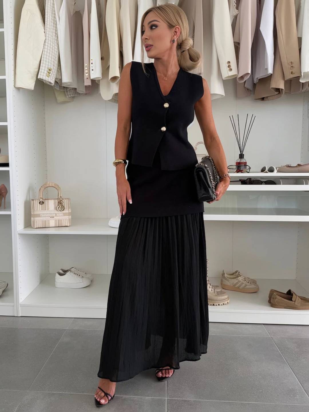 tenu ensembles tailleur v-cou sans manches gilet et jupe tulle fluide décontracté chic pour vacances deux pièces