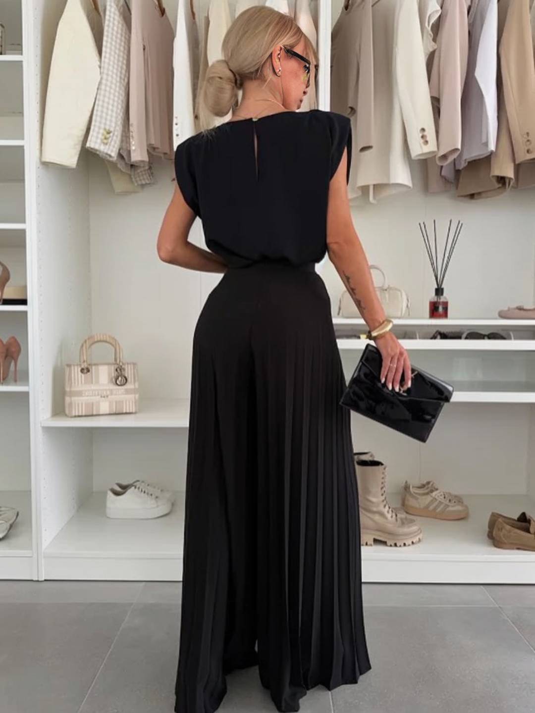 tenu ensembles avec larges jambes évasé plissé pantalon col rond sans manches hauts femme boho décontracté deux pièces