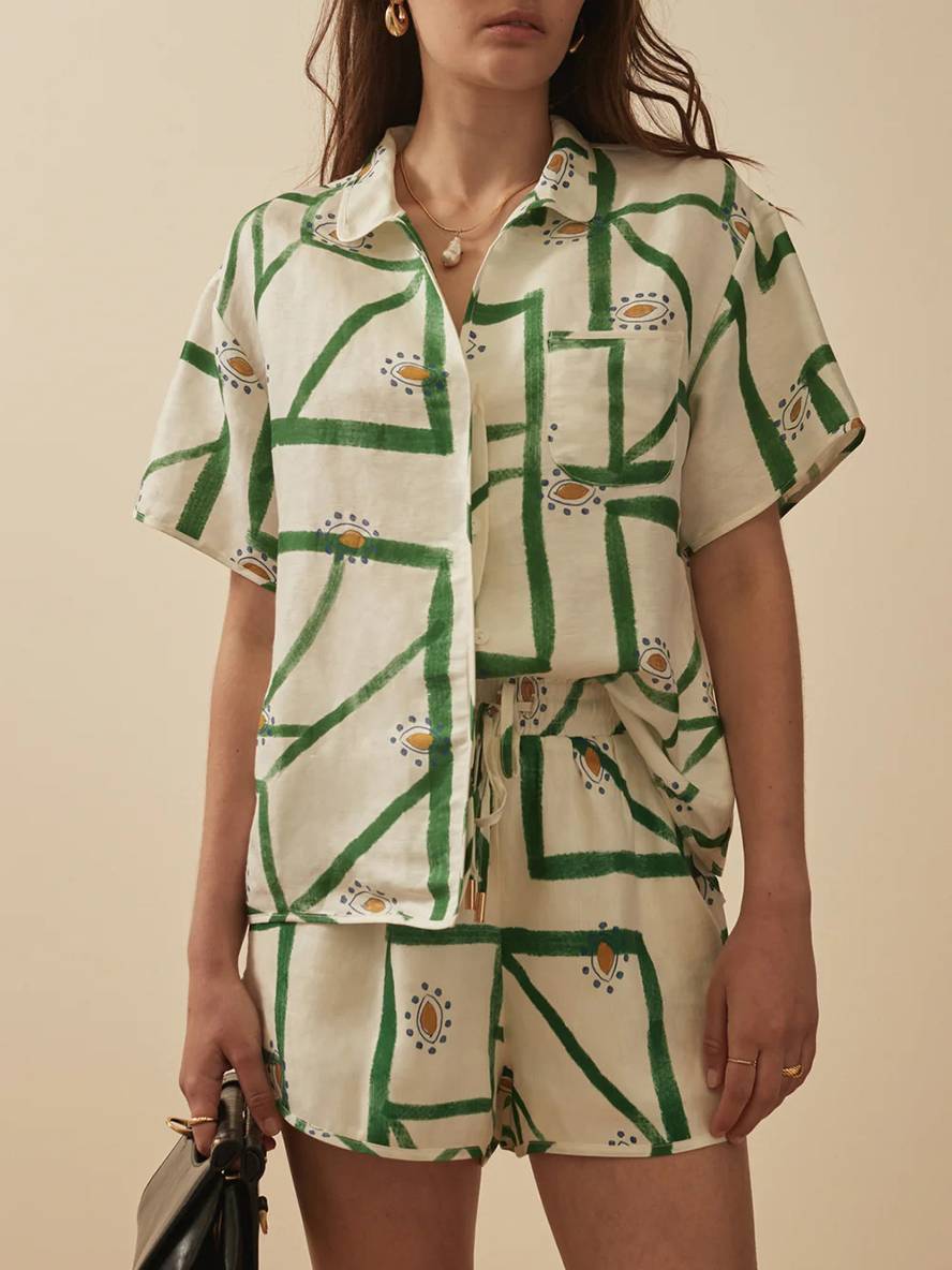 ensemble tenue imprimé à fleurie boutonnage col chemise manches courtes femme décontracté ample casual deux pièces