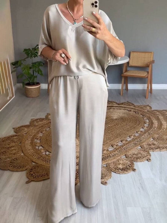 ensembles avec pantalon v-cou poches manches chauve souris manches courtes femme élégant décontracté ample deux pièces