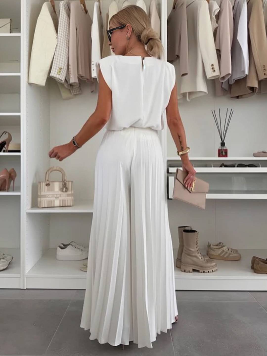 tenu ensembles avec larges jambes évasé plissé pantalon col rond sans manches hauts femme boho décontracté deux pièces