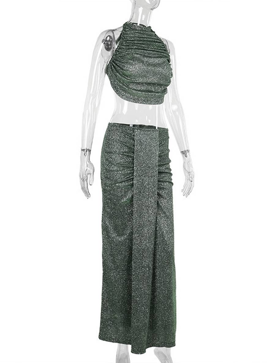 ensemble robe licou à fines brides dos nu sans manches hauts longue jupe femme décontracté deux pièces