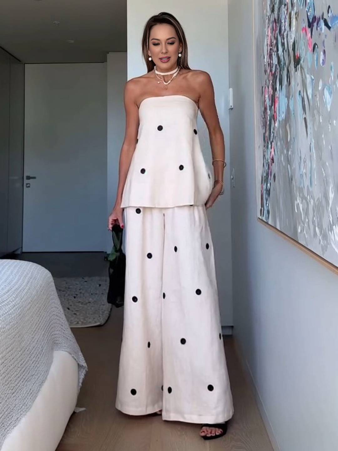 2 pièces ensembles avec pantalon larges jambes évasé top à pois fendu fermeture éclair bustier pour femme les vacances