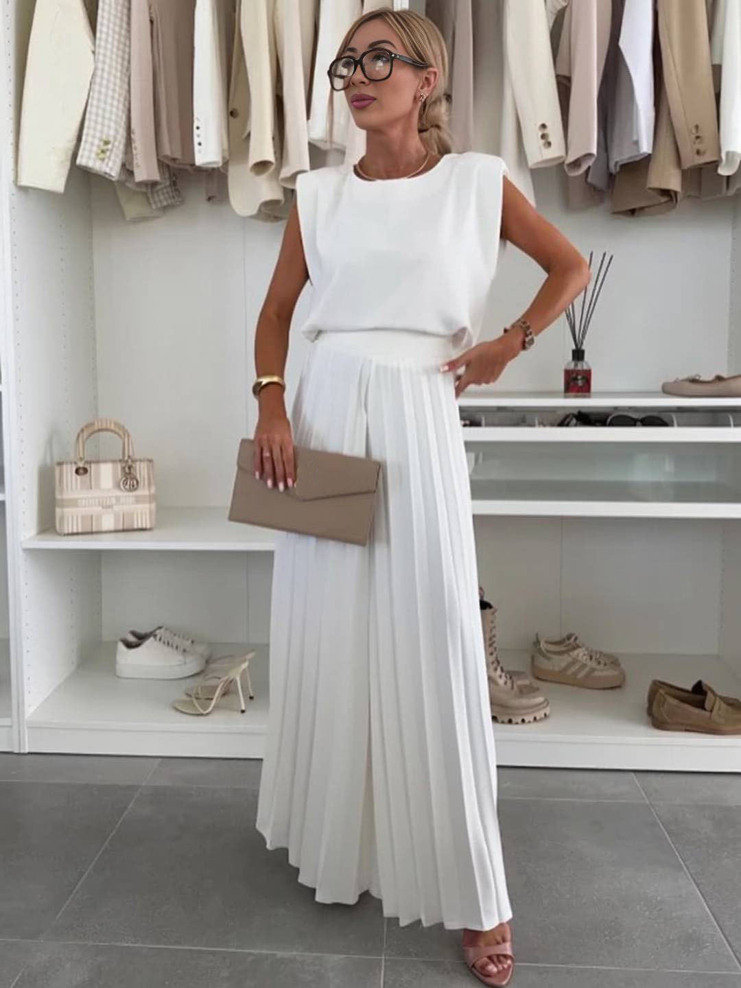 tenu ensembles avec larges jambes évasé plissé pantalon col rond sans manches hauts femme boho décontracté deux pièces