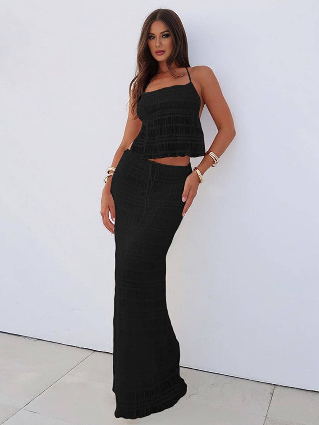 tenue ensemble avec longue jupe mousseline dos nu licou sans manches débardeur robe femme bohème décontracté deux pièces