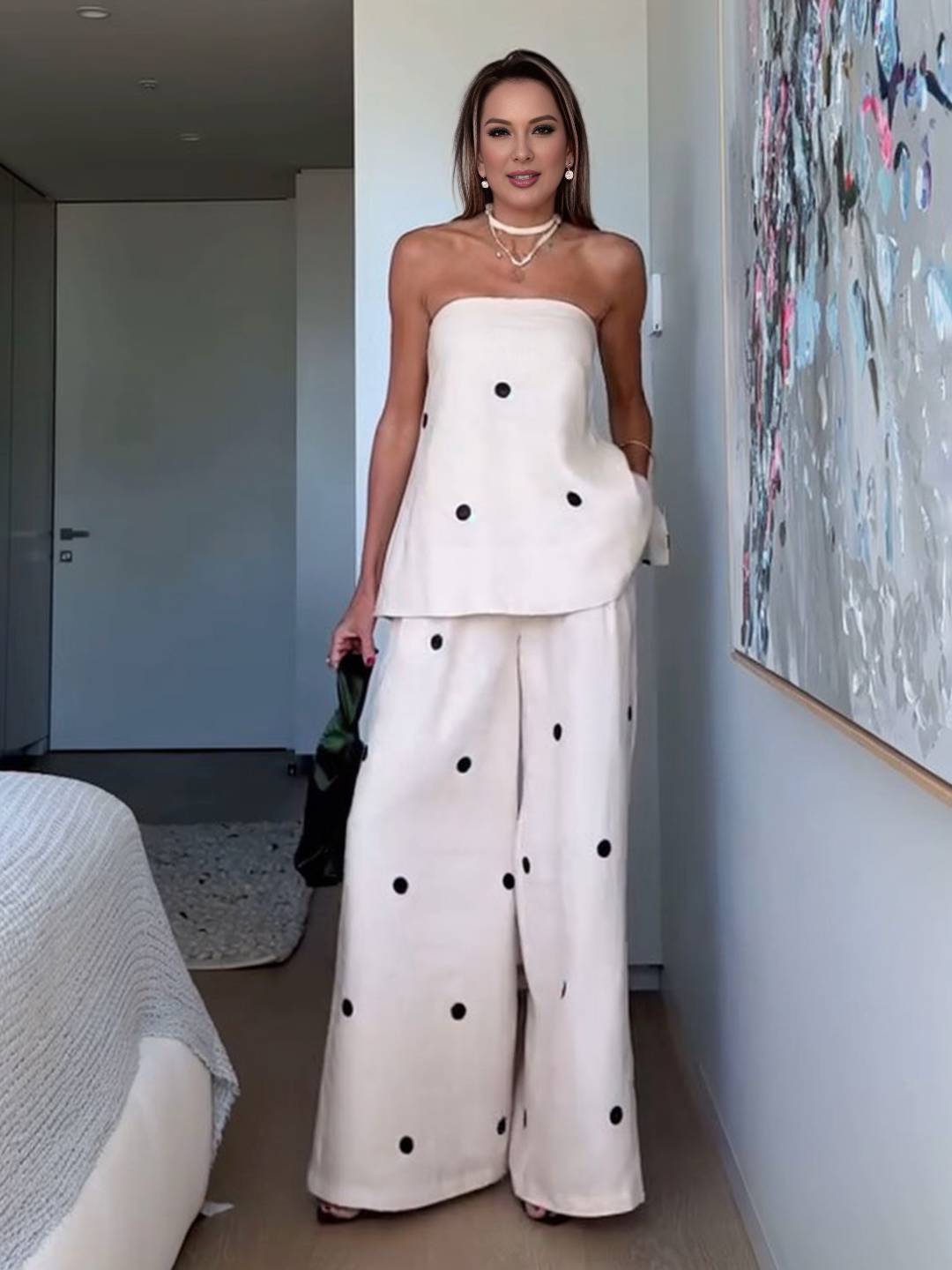 2 pièces ensembles avec pantalon larges jambes évasé top à pois fendu fermeture éclair bustier pour femme les vacances