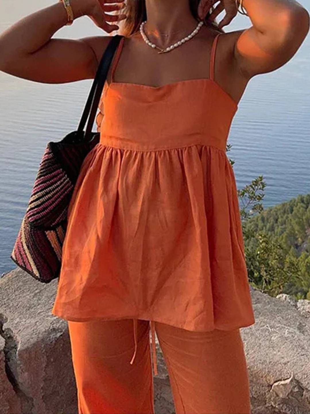 ensemble de femme pour les vacances top sans manches à volantée décontracté et pantalon large pour femme de plage