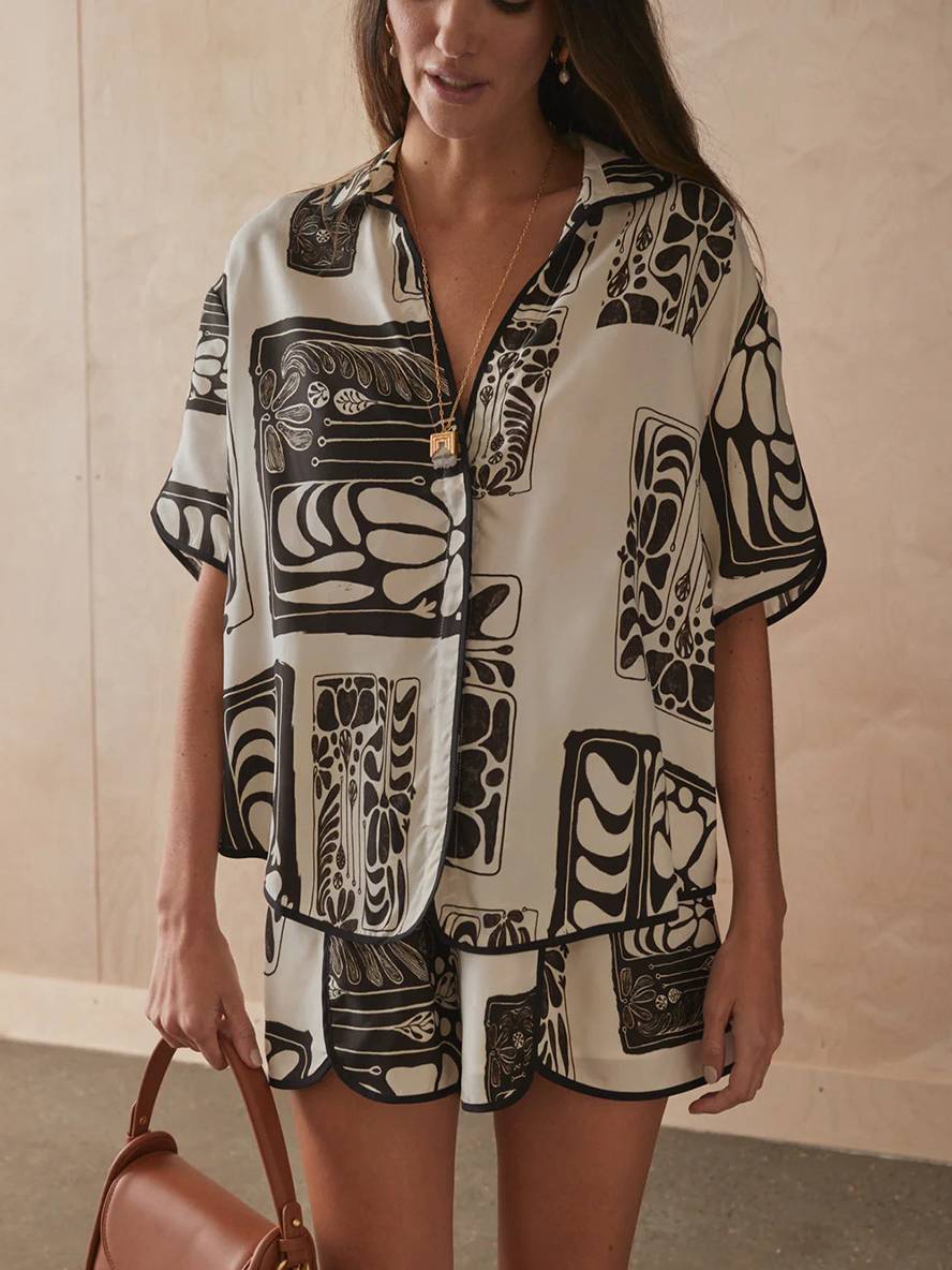 ensemble tenue imprimé à fleurie boutonnage col chemise manches courtes femme décontracté ample casual deux pièces