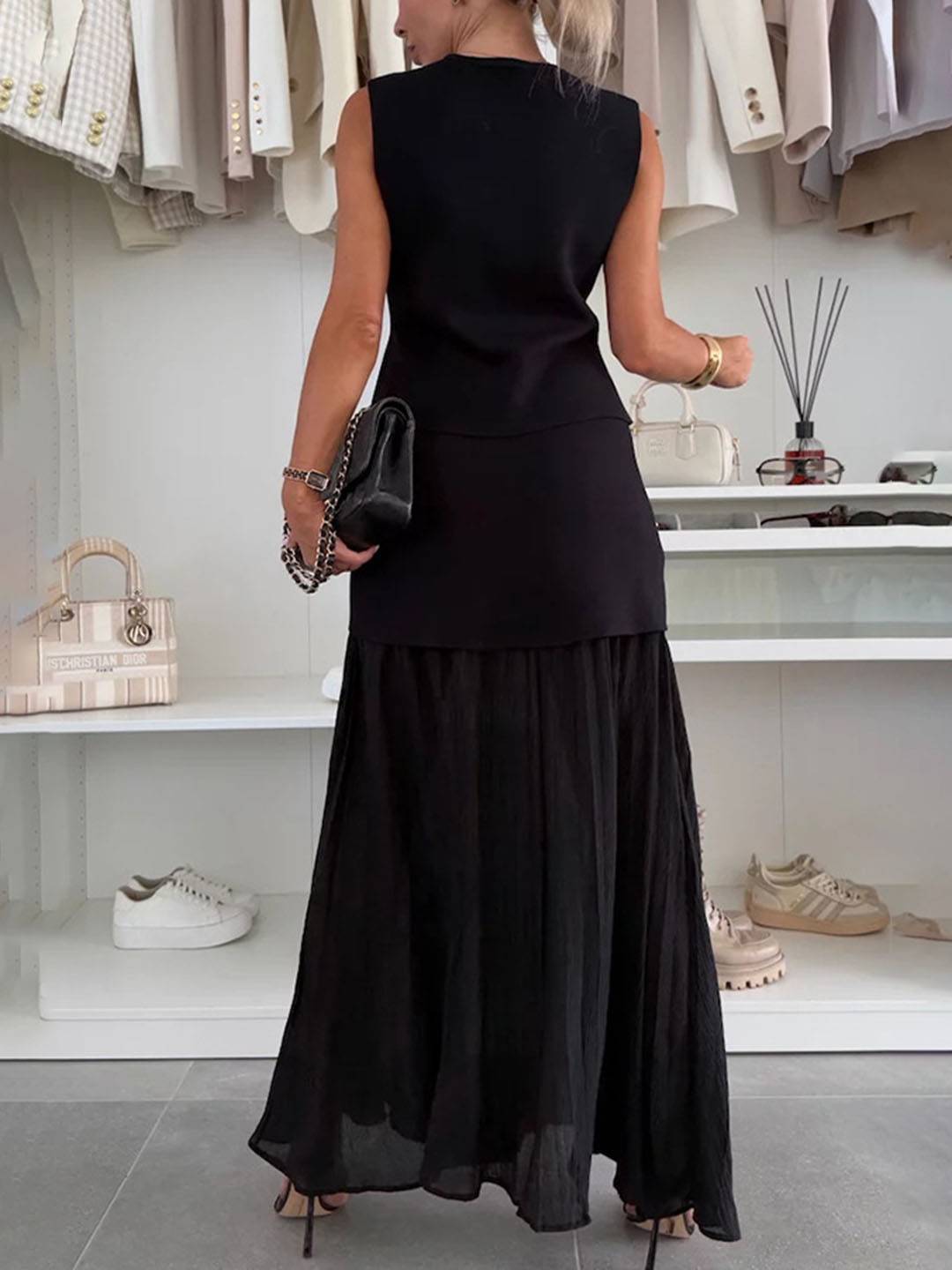 tenu ensembles tailleur v-cou sans manches gilet et jupe tulle fluide décontracté chic pour vacances deux pièces