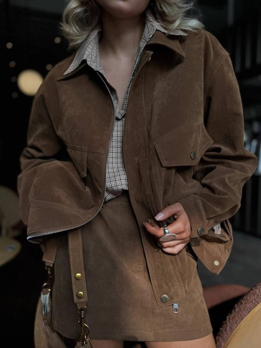 ensemble pour femme daim col revers poches veste courte jupe élégant décontracté deux pièces vêtements