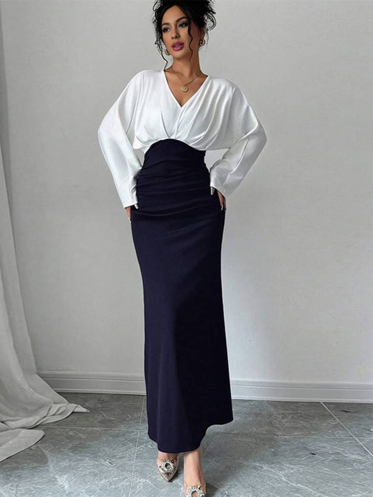 ensemble robe de bureau moulante v-cou manches longues chemise longue jupe femme style tailleur casual deux pièces