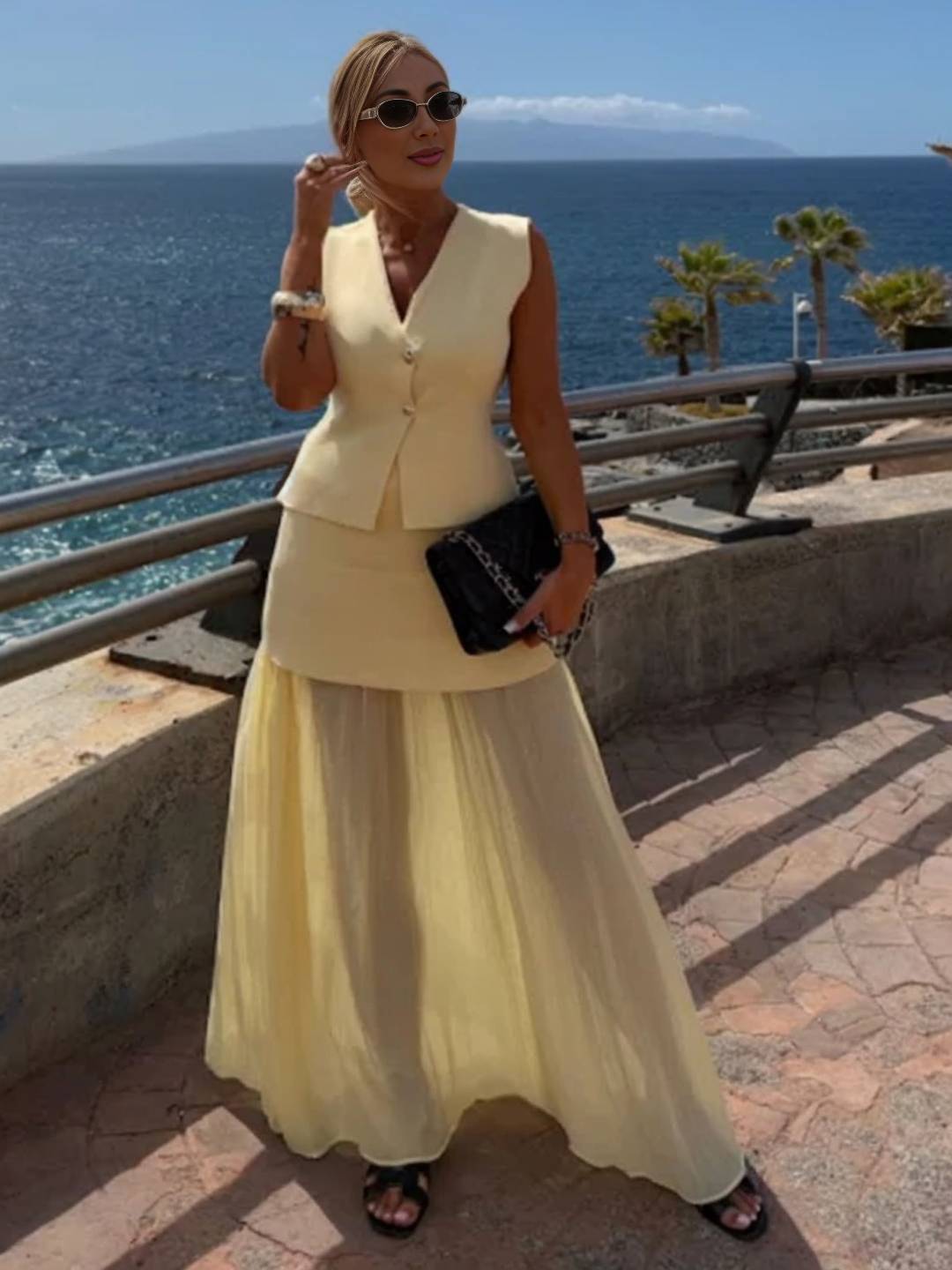 tenu ensembles tailleur v-cou sans manches gilet et jupe tulle fluide décontracté chic pour vacances deux pièces