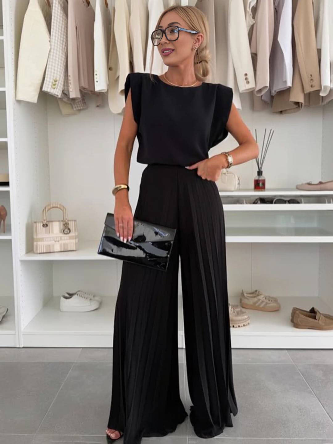 tenu ensembles avec larges jambes évasé plissé pantalon col rond sans manches hauts femme boho décontracté deux pièces