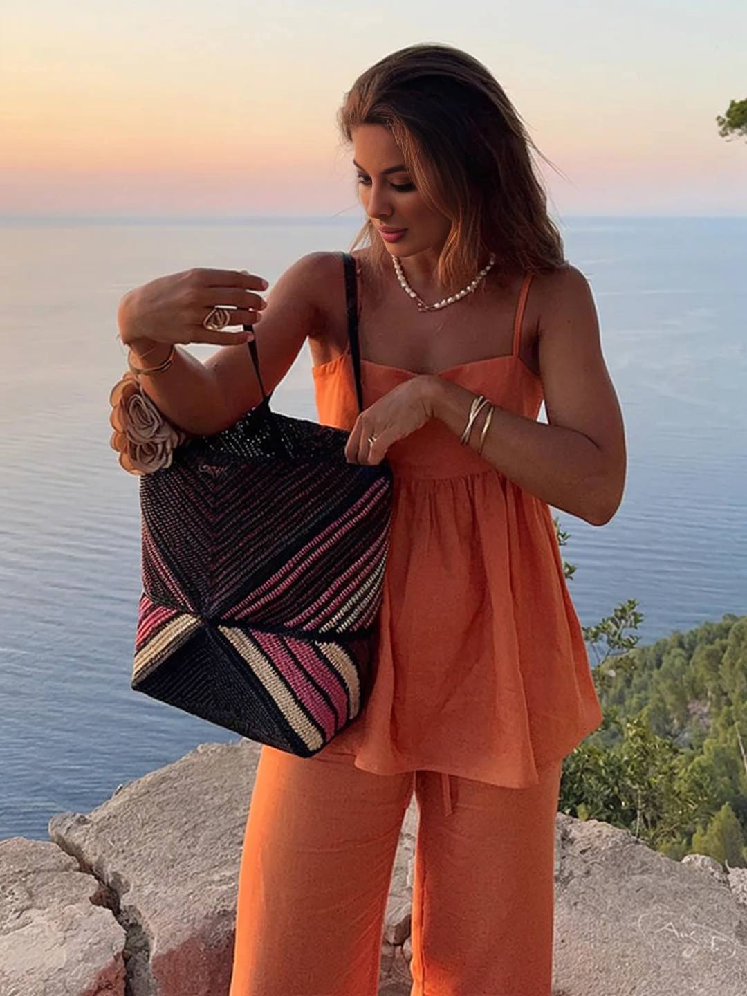 ensemble de femme pour les vacances top sans manches à volantée décontracté et pantalon large pour femme de plage