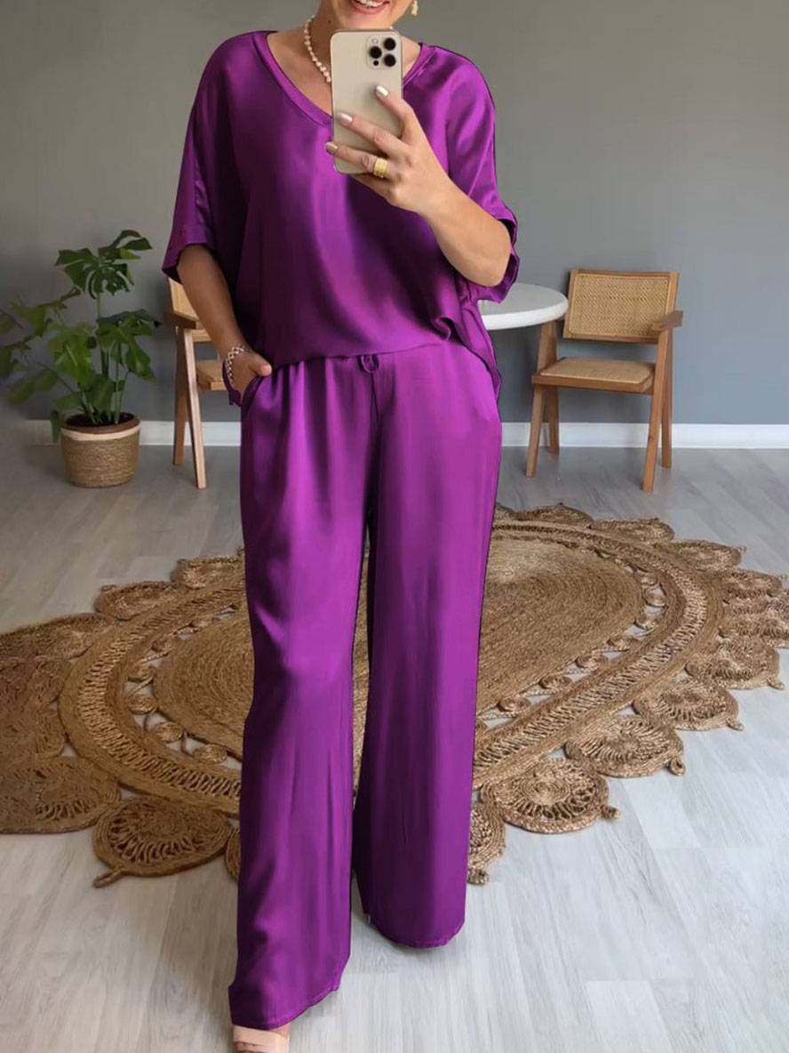 ensembles avec pantalon v-cou poches manches chauve souris manches courtes femme élégant décontracté ample deux pièces