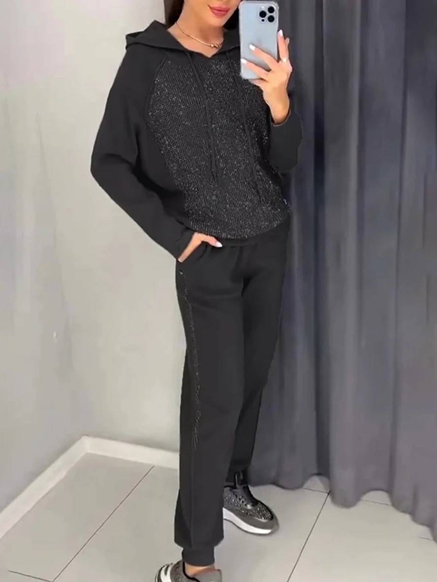 ensembles tailleur avec pantalon sweatshirt à capuche poches manches longues femme sport simple décontracté deux pièces