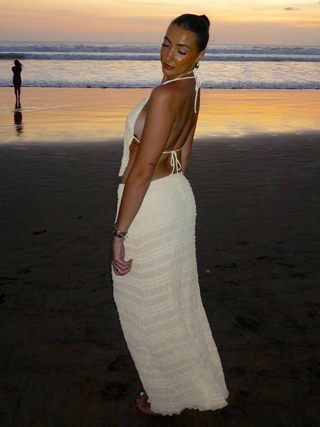 tenue ensemble avec longue jupe mousseline dos nu licou sans manches débardeur robe femme bohème décontracté deux pièces