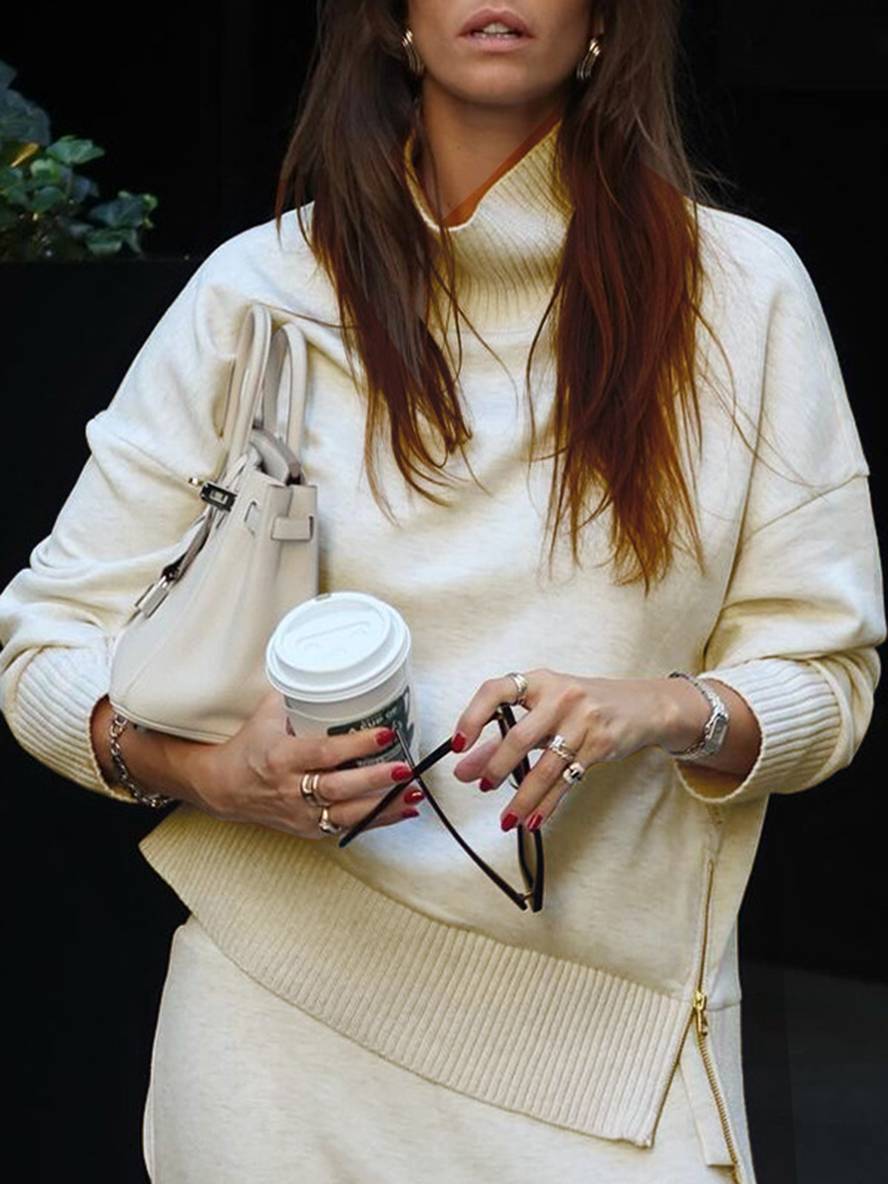 ensembles avec pantalon unicolore col roulé col montant manches longue femme élégant sport décontracté ample