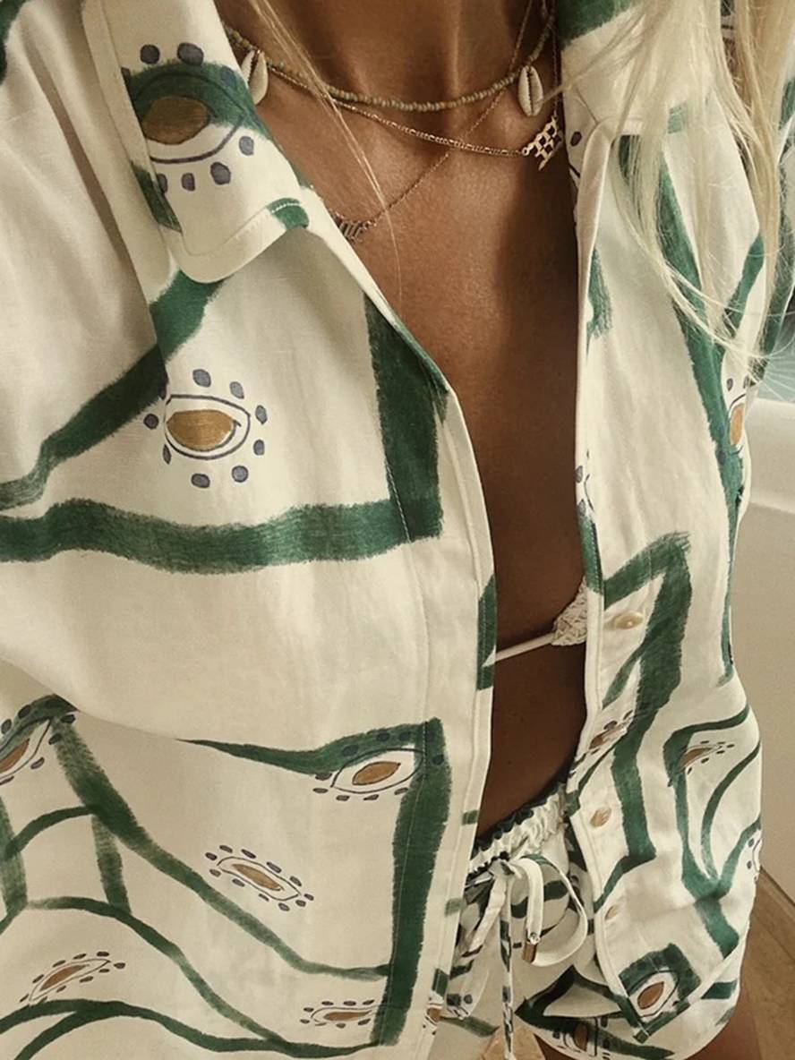 ensemble tenue imprimé à fleurie boutonnage col chemise manches courtes femme décontracté ample casual deux pièces