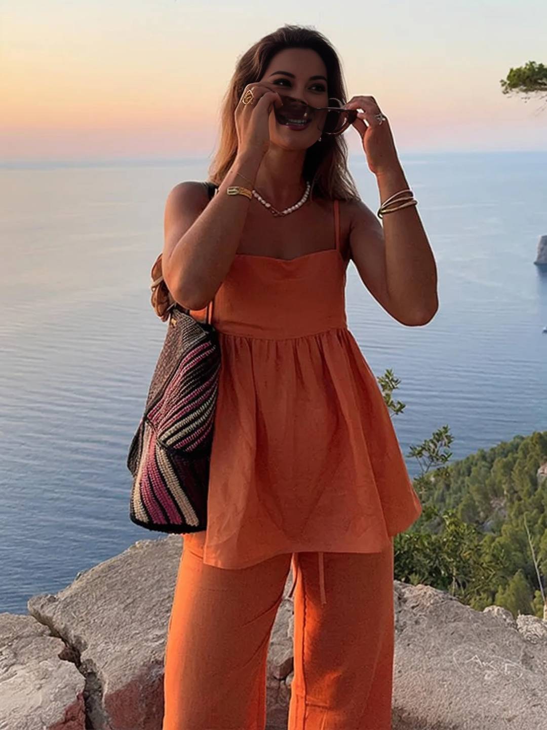 ensemble de femme pour les vacances top sans manches à volantée décontracté et pantalon large pour femme de plage