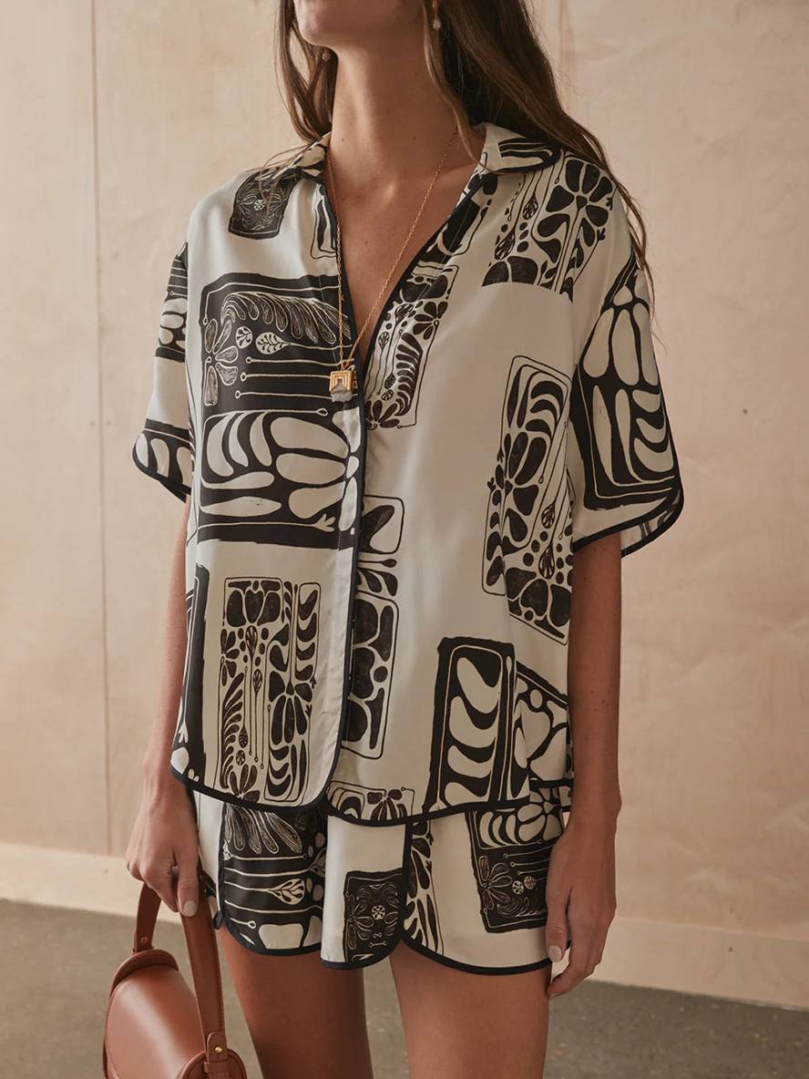 ensemble tenue imprimé à fleurie boutonnage col chemise manches courtes femme décontracté ample casual deux pièces