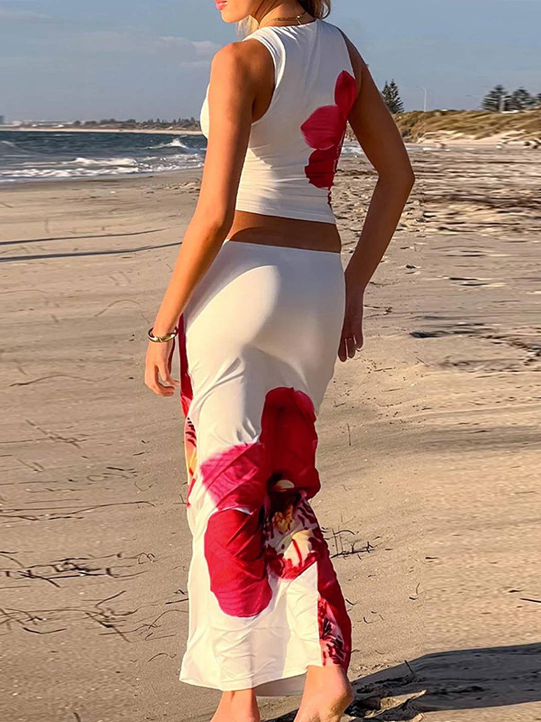 ensemble robe d'été fleurie cropped col rond sans manches top et longue jupe femme décontracté vintage de plage