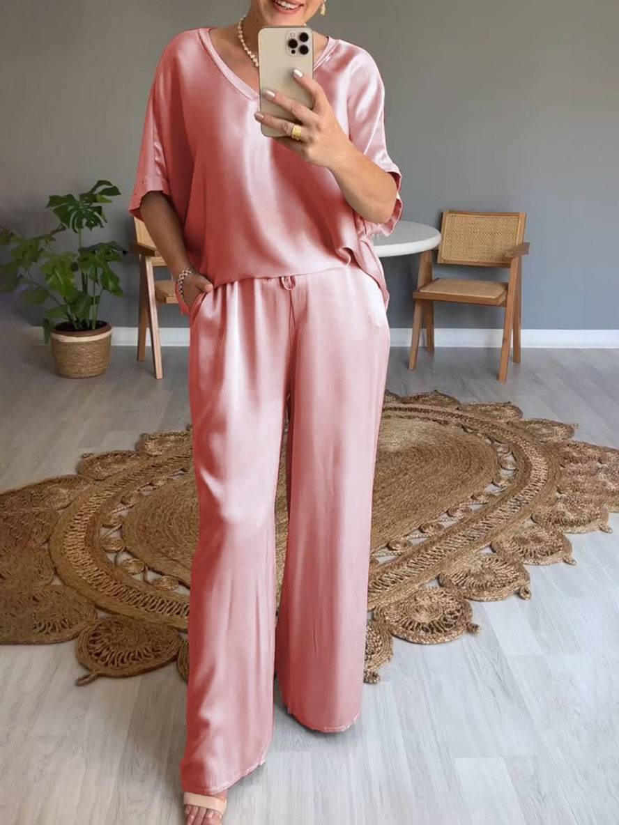 ensembles avec pantalon v-cou poches manches chauve souris manches courtes femme élégant décontracté ample deux pièces