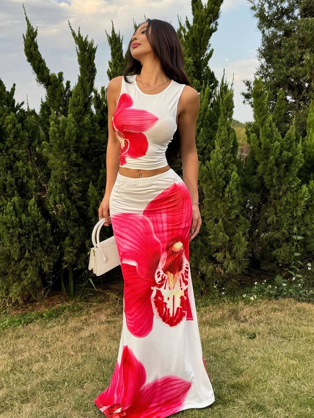 ensemble robe d'été fleurie cropped col rond sans manches top et longue jupe femme décontracté vintage de plage