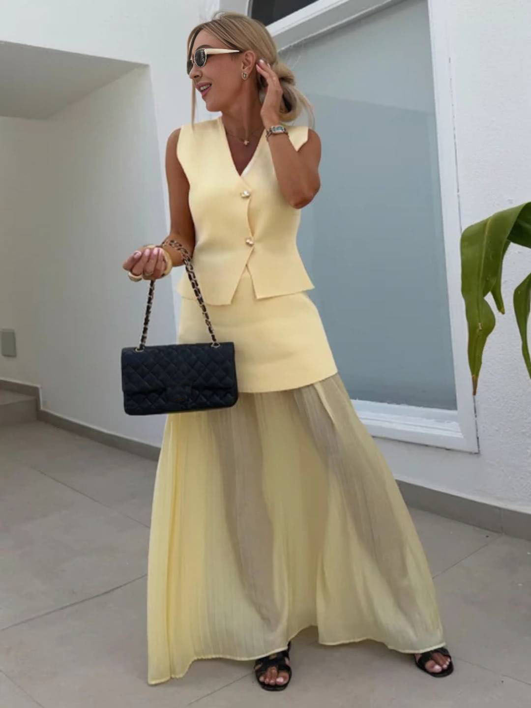 tenu ensembles tailleur v-cou sans manches gilet et jupe tulle fluide décontracté chic pour vacances deux pièces