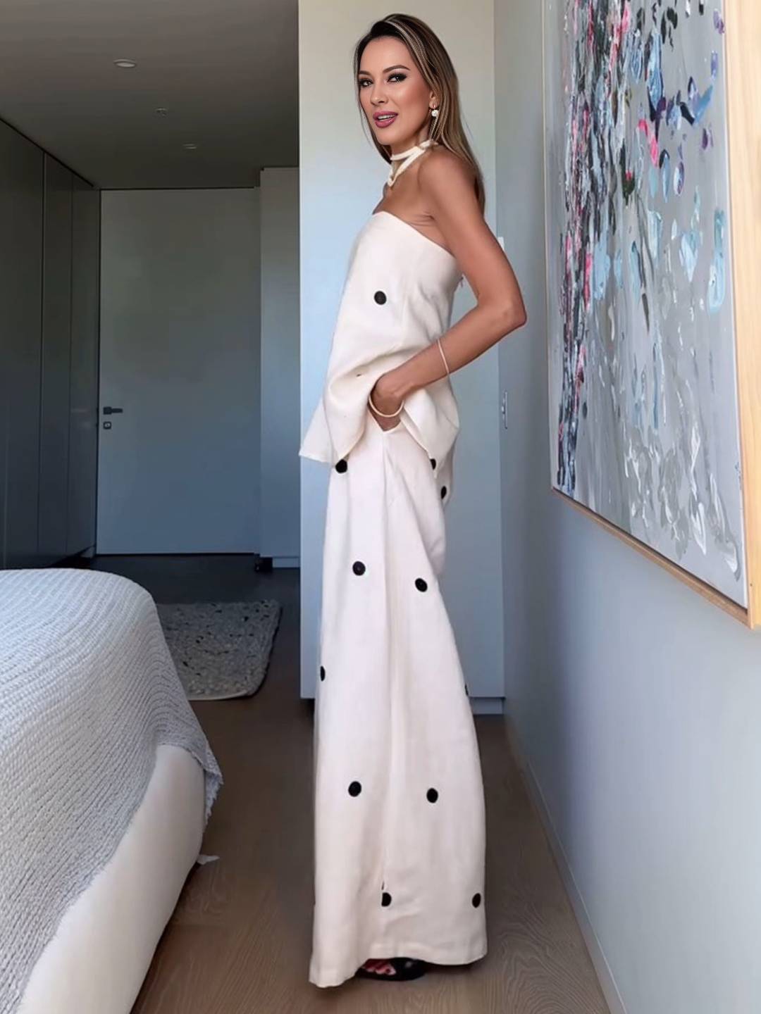 2 pièces ensembles avec pantalon larges jambes évasé top à pois fendu fermeture éclair bustier pour femme les vacances