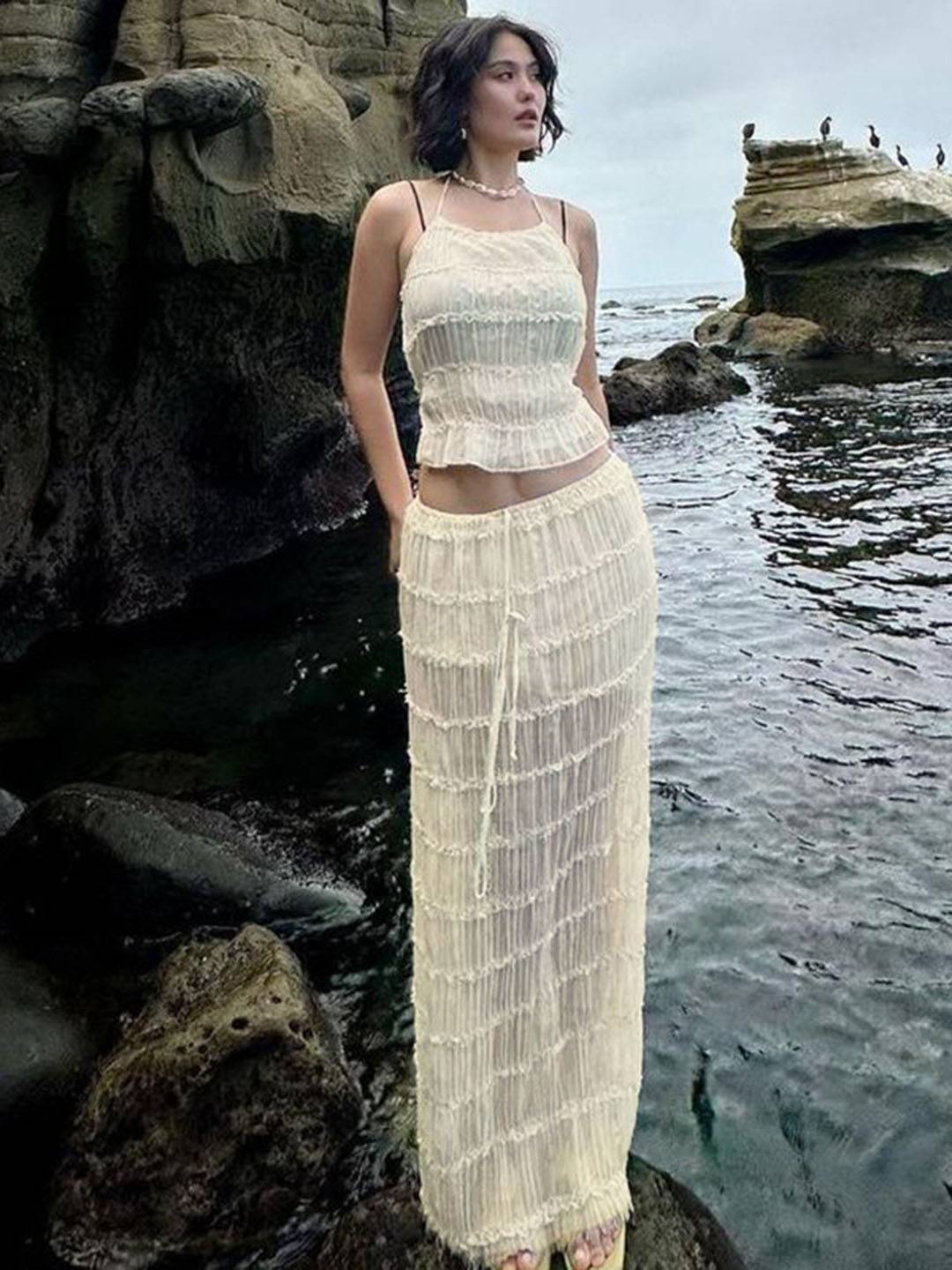 tenue ensemble avec longue jupe mousseline dos nu licou sans manches débardeur robe femme bohème décontracté deux pièces