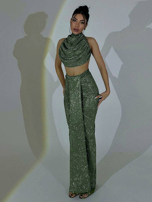 ensemble robe licou à fines brides dos nu sans manches hauts longue jupe femme décontracté deux pièces