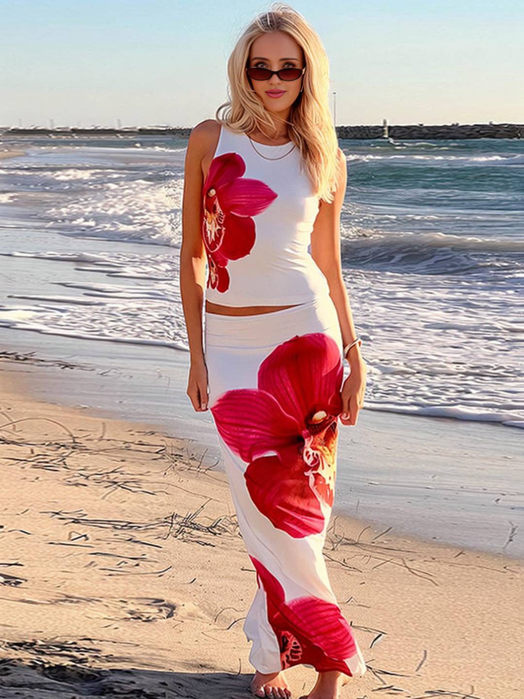 ensemble robe d'été fleurie cropped col rond sans manches top et longue jupe femme décontracté vintage de plage