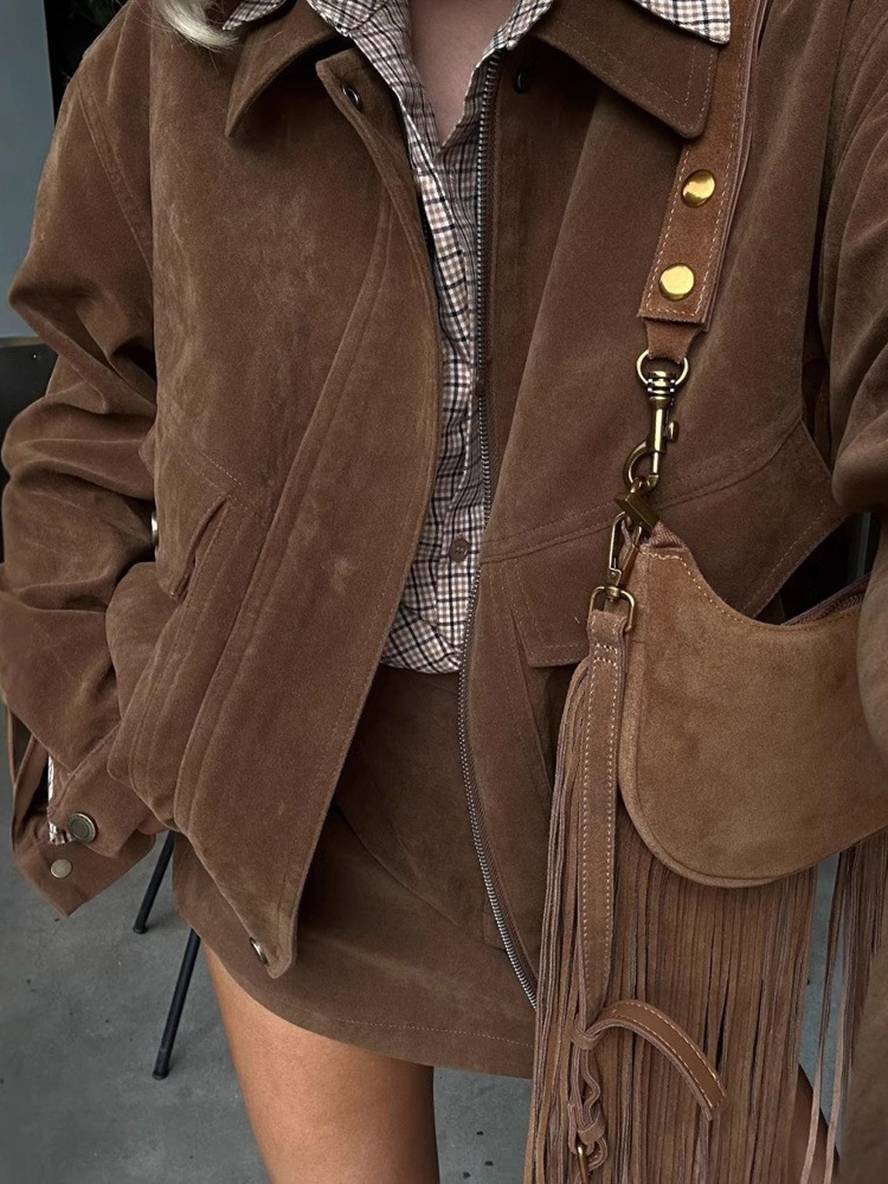 ensemble pour femme daim col revers poches veste courte jupe élégant décontracté deux pièces vêtements