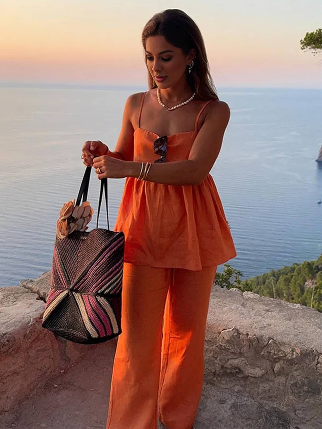 ensemble de femme pour les vacances top sans manches à volantée décontracté et pantalon large pour femme de plage