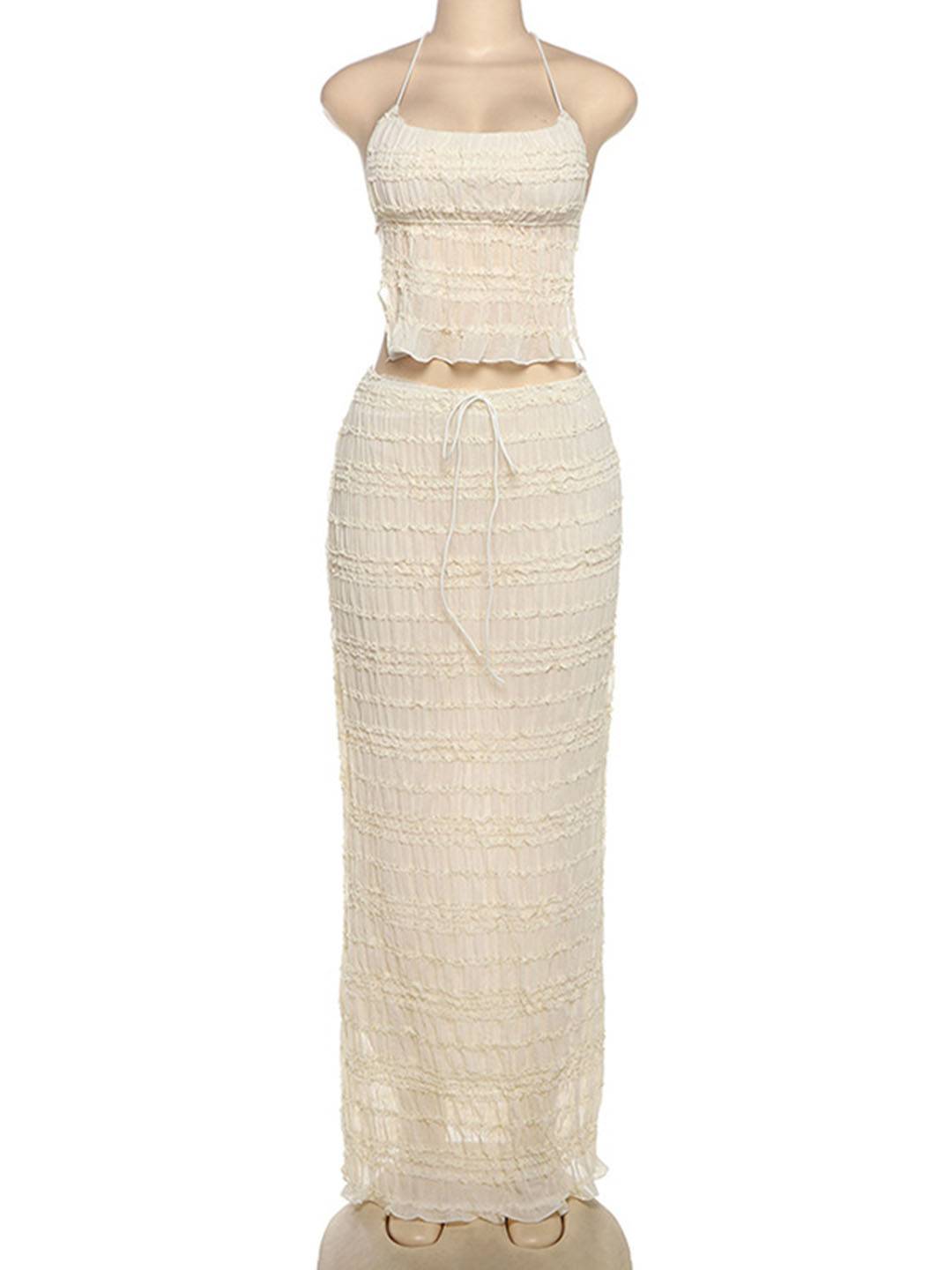 tenue ensemble avec longue jupe mousseline dos nu licou sans manches débardeur robe femme bohème décontracté deux pièces