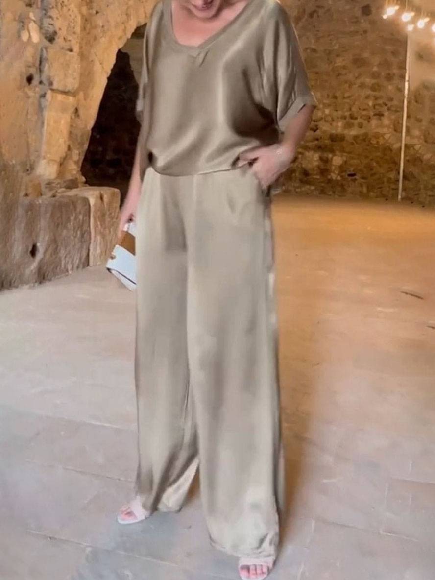 ensembles avec pantalon v-cou poches manches chauve souris manches courtes femme élégant décontracté ample deux pièces