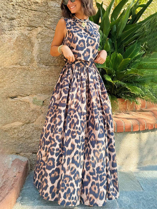 ensemble tailleur avec jupe léopard fluide noeud papillon dos nu col rond sans manches hauts femme décontracté deux pièces