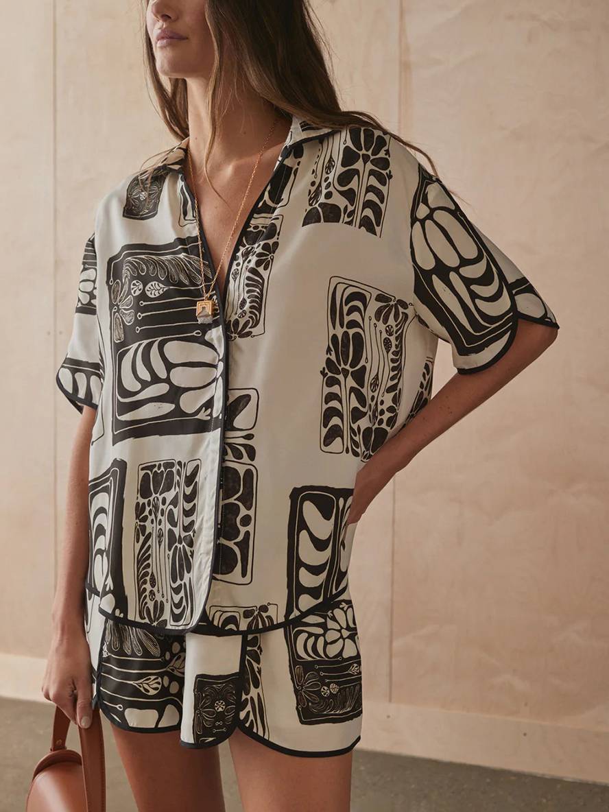 ensemble tenue imprimé à fleurie boutonnage col chemise manches courtes femme décontracté ample casual deux pièces