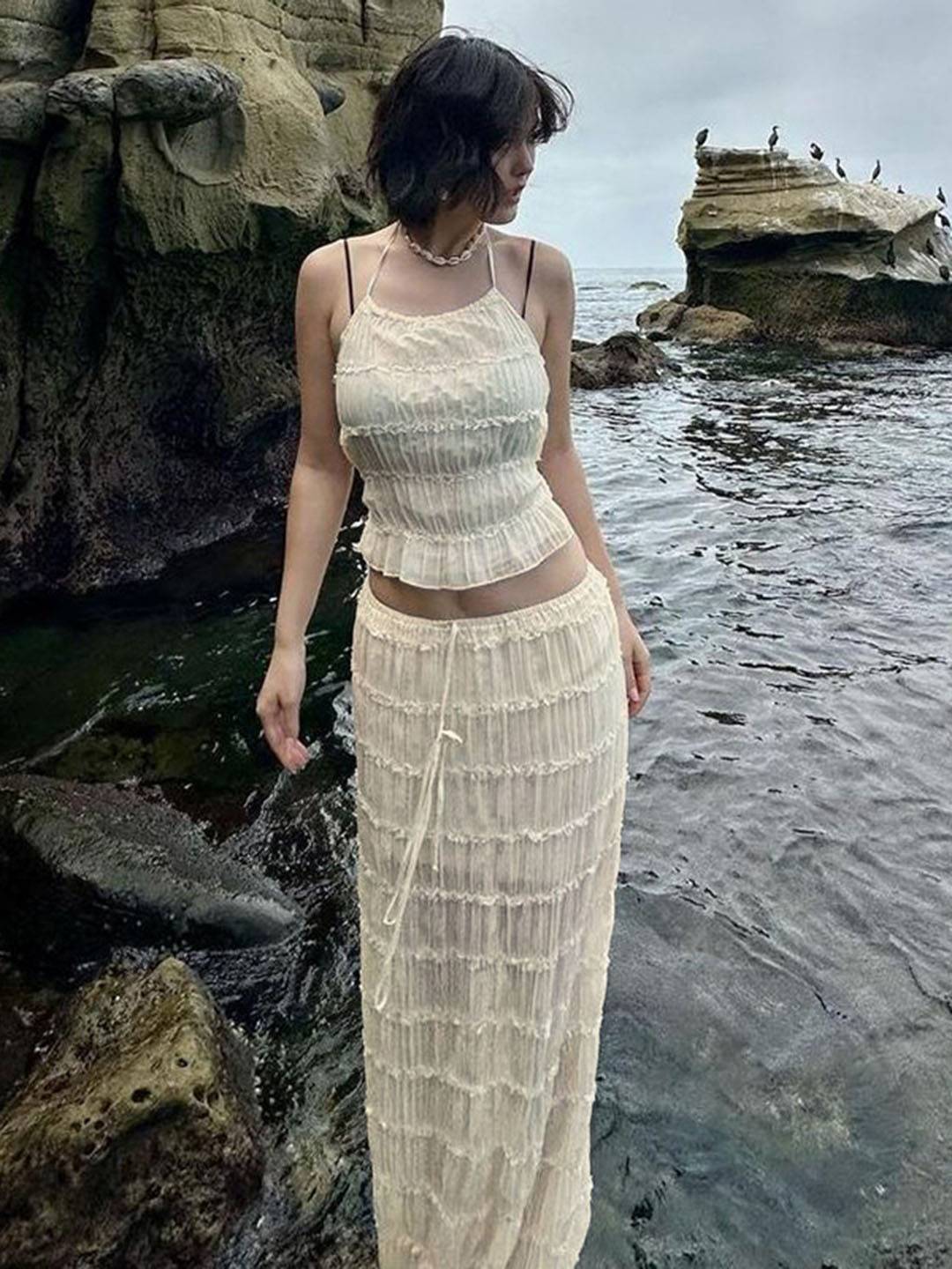 tenue ensemble avec longue jupe mousseline dos nu licou sans manches débardeur robe femme bohème décontracté deux pièces