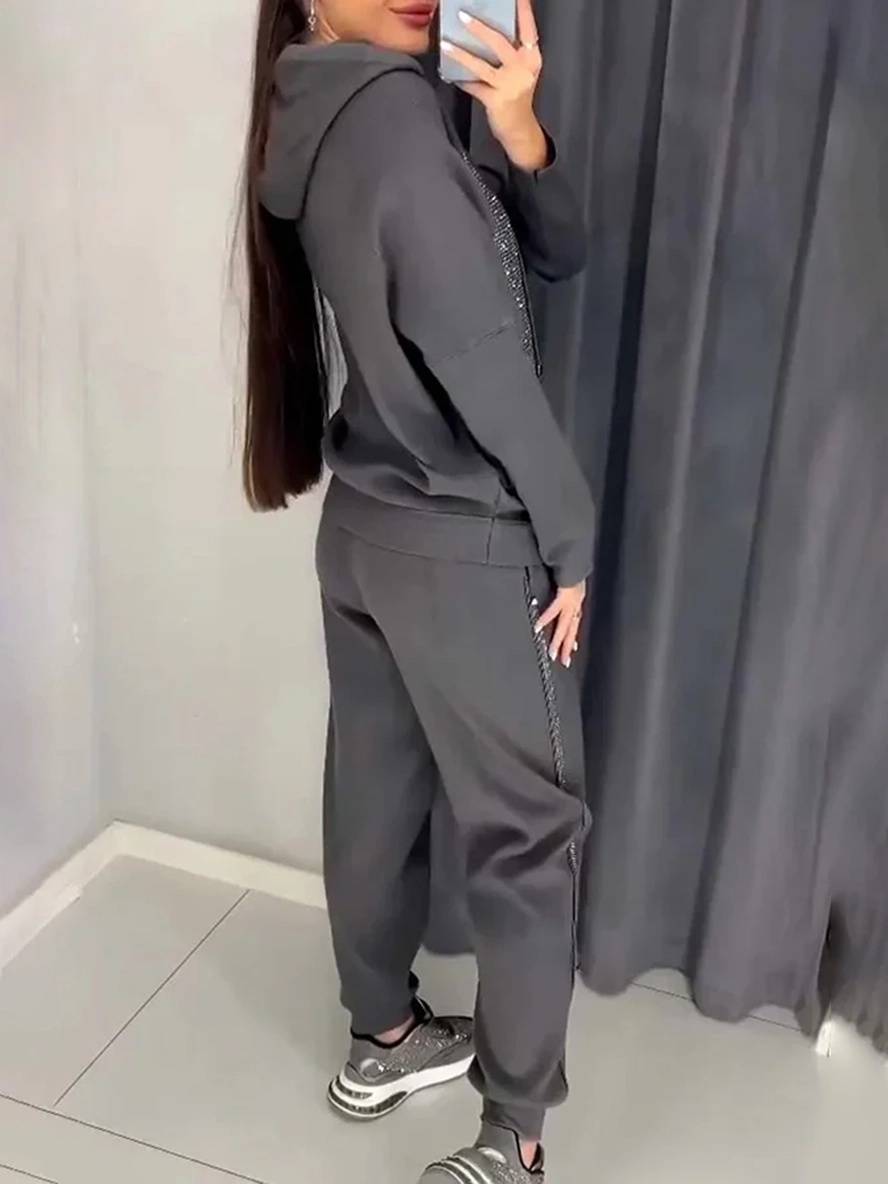 ensembles tailleur avec pantalon sweatshirt à capuche poches manches longues femme sport simple décontracté deux pièces
