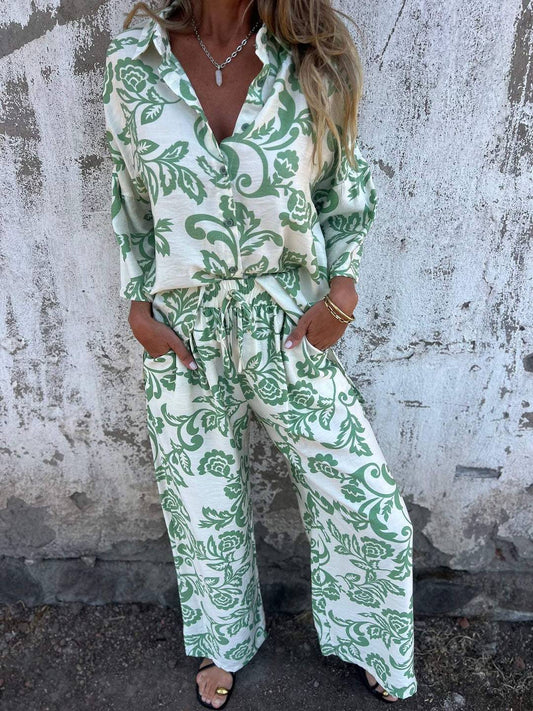 ensembles imprimé à fleurie poches col chemise manches longues chemise et pantalon femme casual décontracté deux pièces
